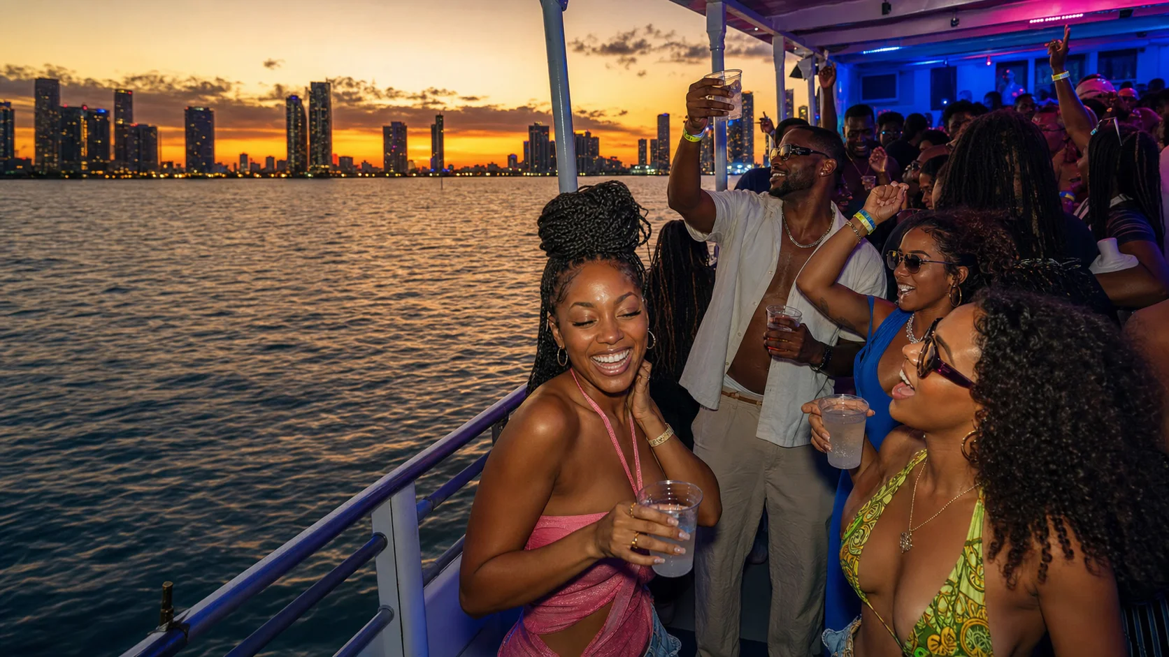 Black guests celebrating aboard a Miami party boat at sunset